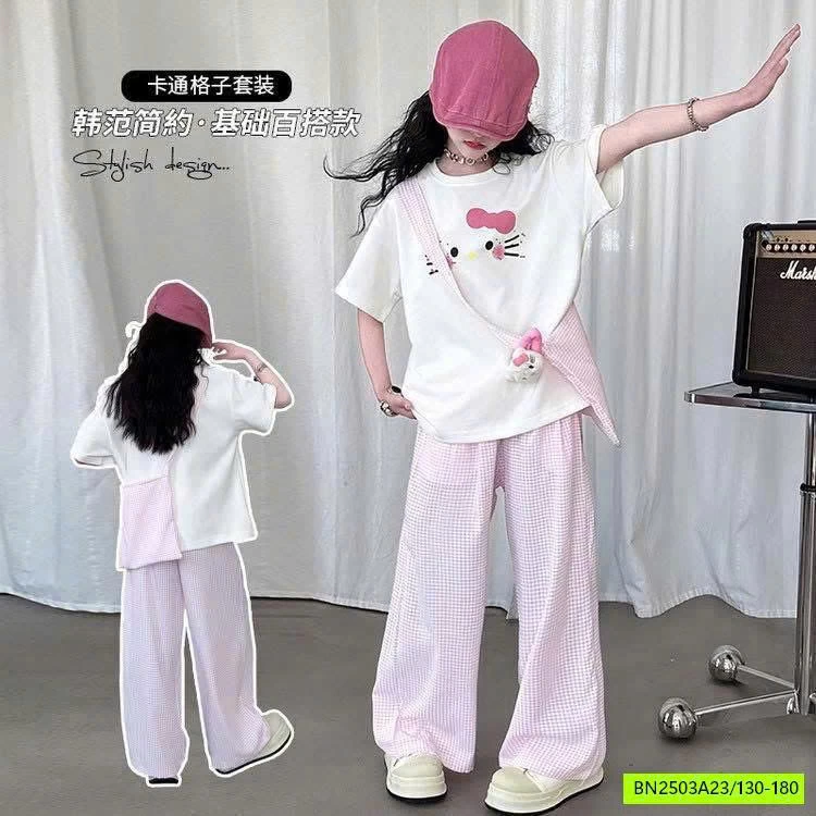 SET ÁO THUN KITTY MIX QUẦN KẺ HỒNG