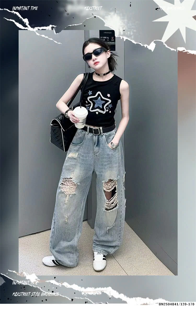 SÉT ÁO CROPTOP NGÔI SAO MIX JEAN RÁCH