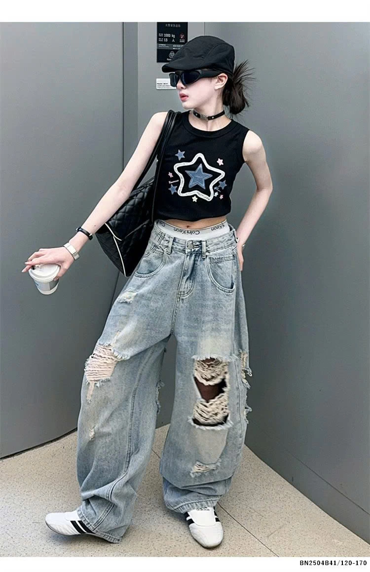 SÉT ÁO CROPTOP NGÔI SAO MIX JEAN RÁCH