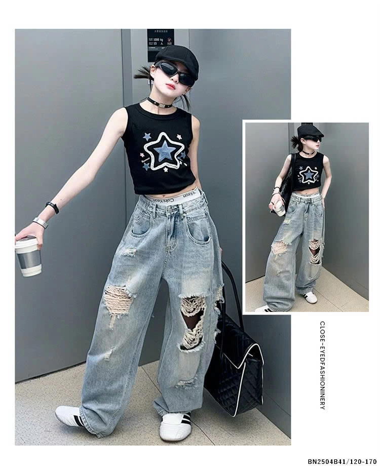 SÉT ÁO CROPTOP NGÔI SAO MIX JEAN RÁCH