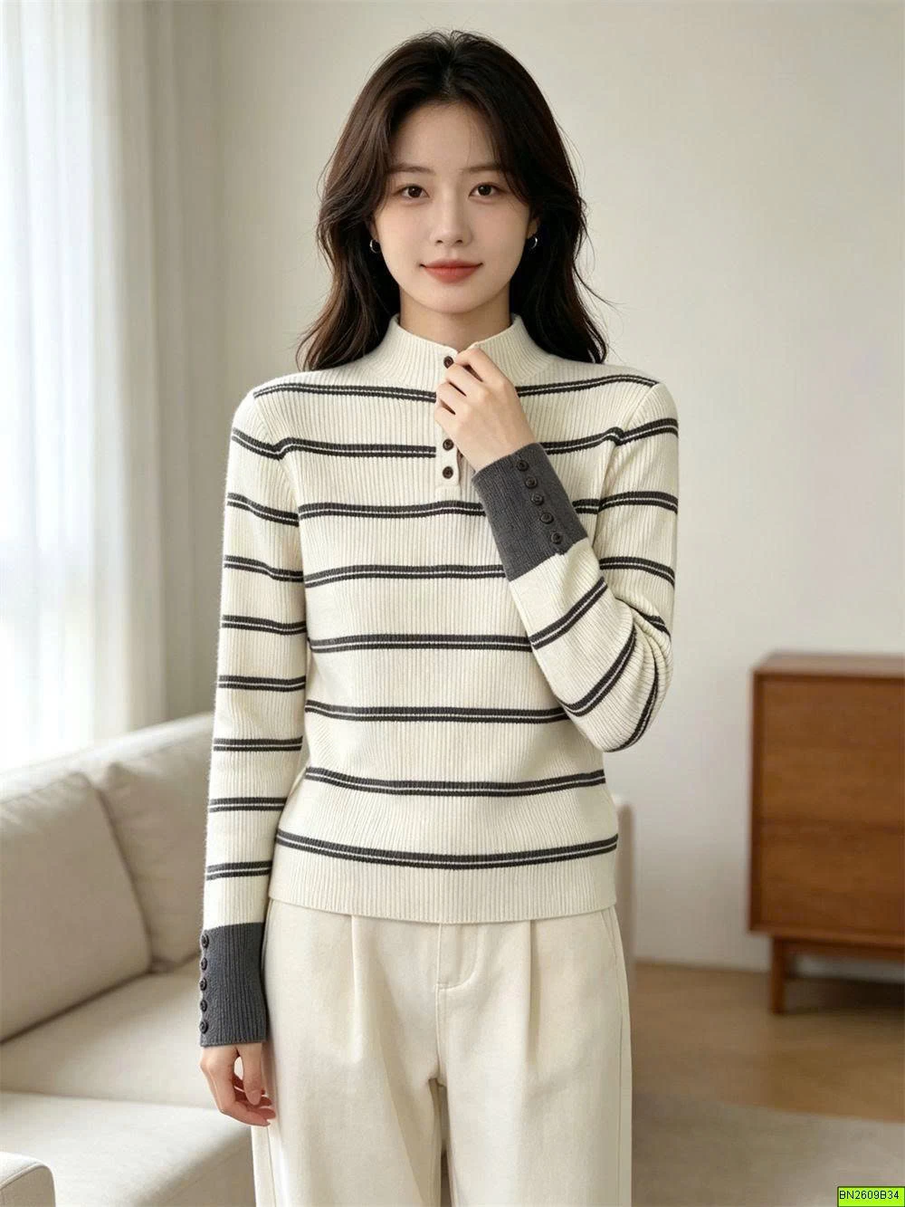ÁO LEN KẺ NGANG DÀI TAY CÚC CỔ