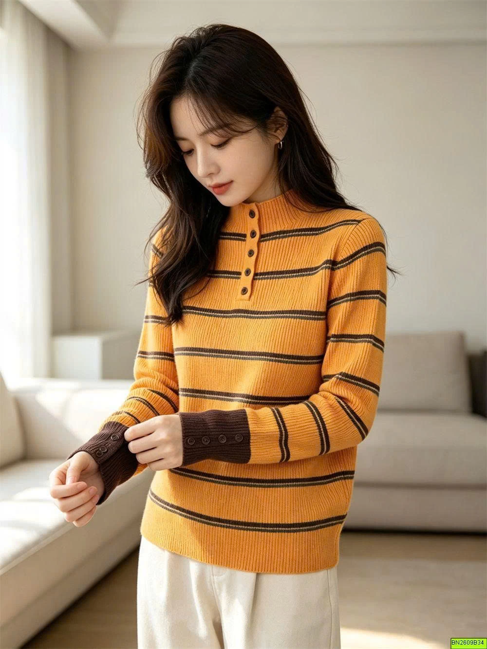 ÁO LEN KẺ NGANG DÀI TAY CÚC CỔ