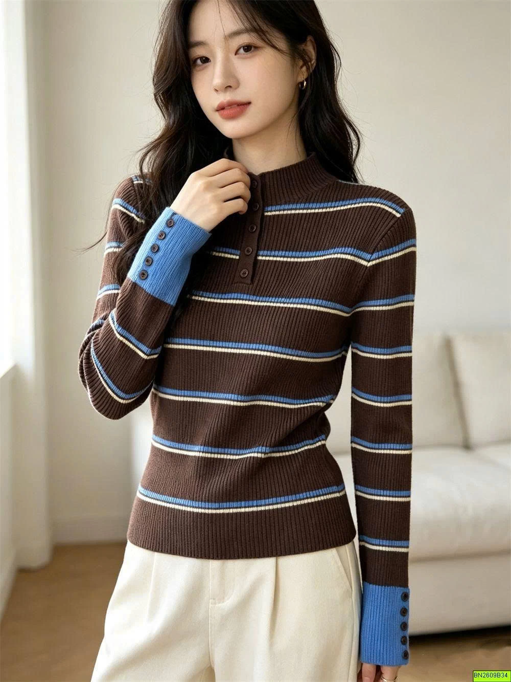 ÁO LEN KẺ NGANG DÀI TAY CÚC CỔ