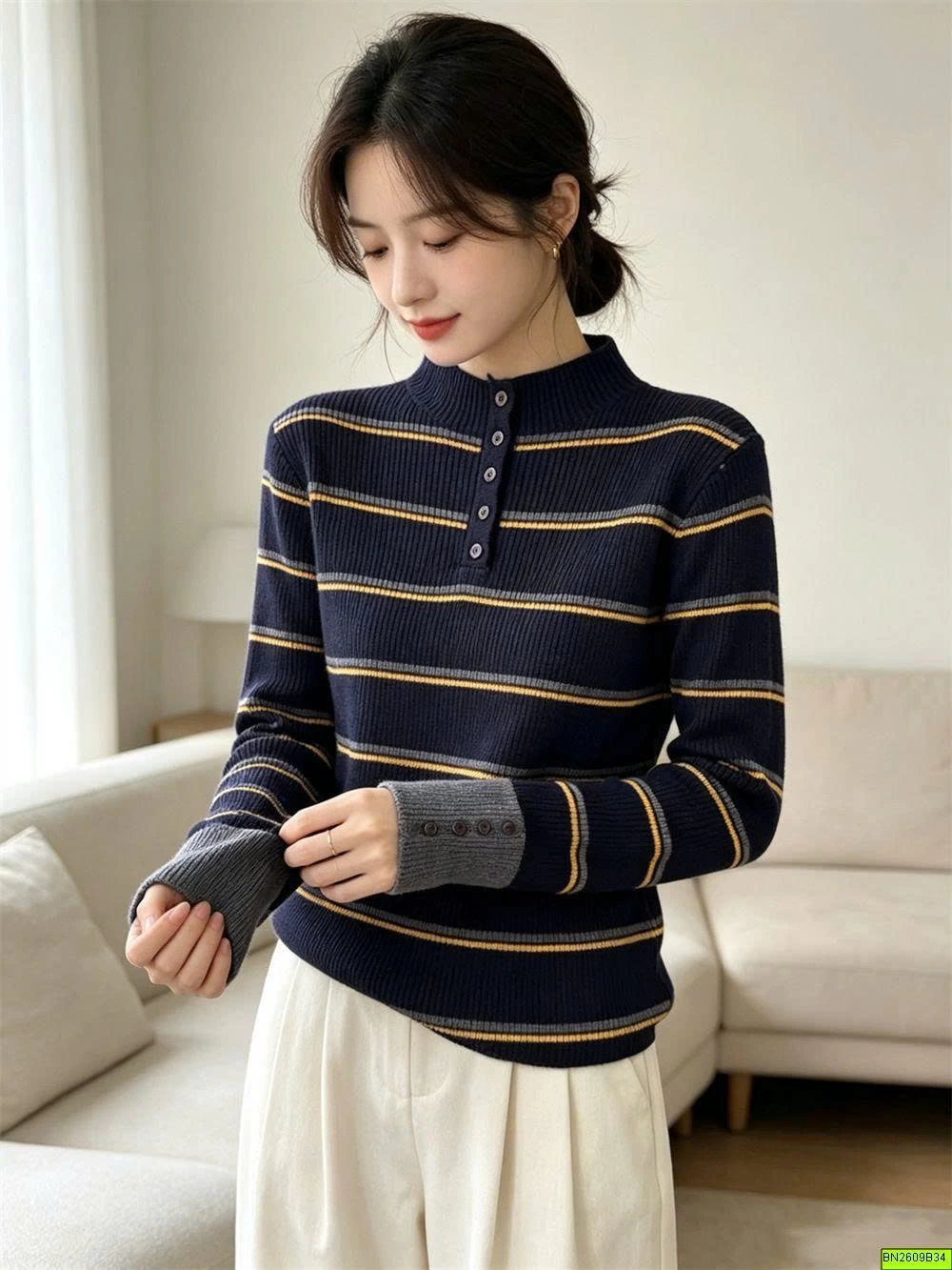 ÁO LEN KẺ NGANG DÀI TAY CÚC CỔ
