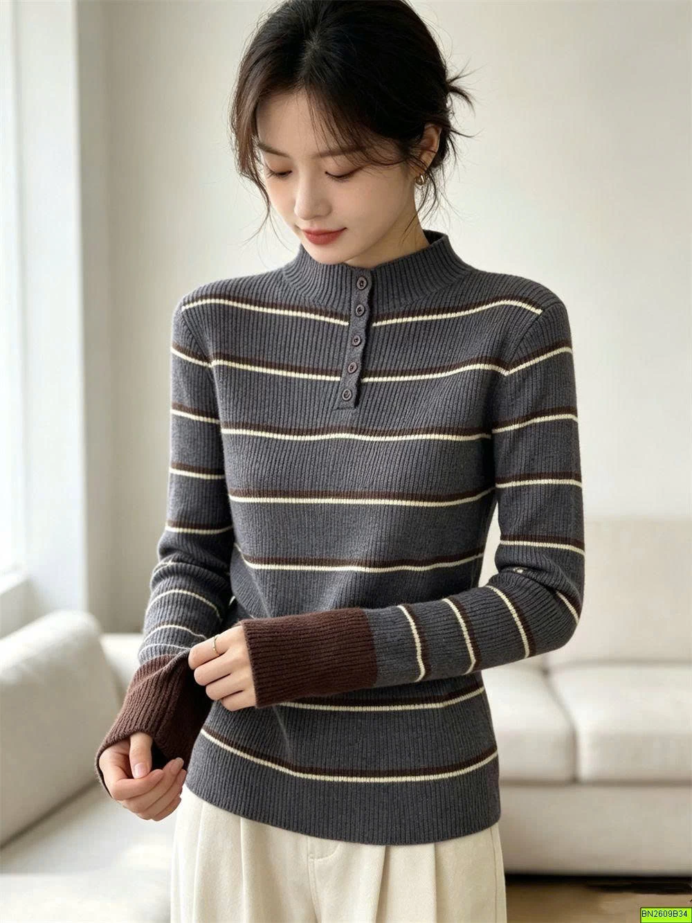ÁO LEN KẺ NGANG DÀI TAY CÚC CỔ