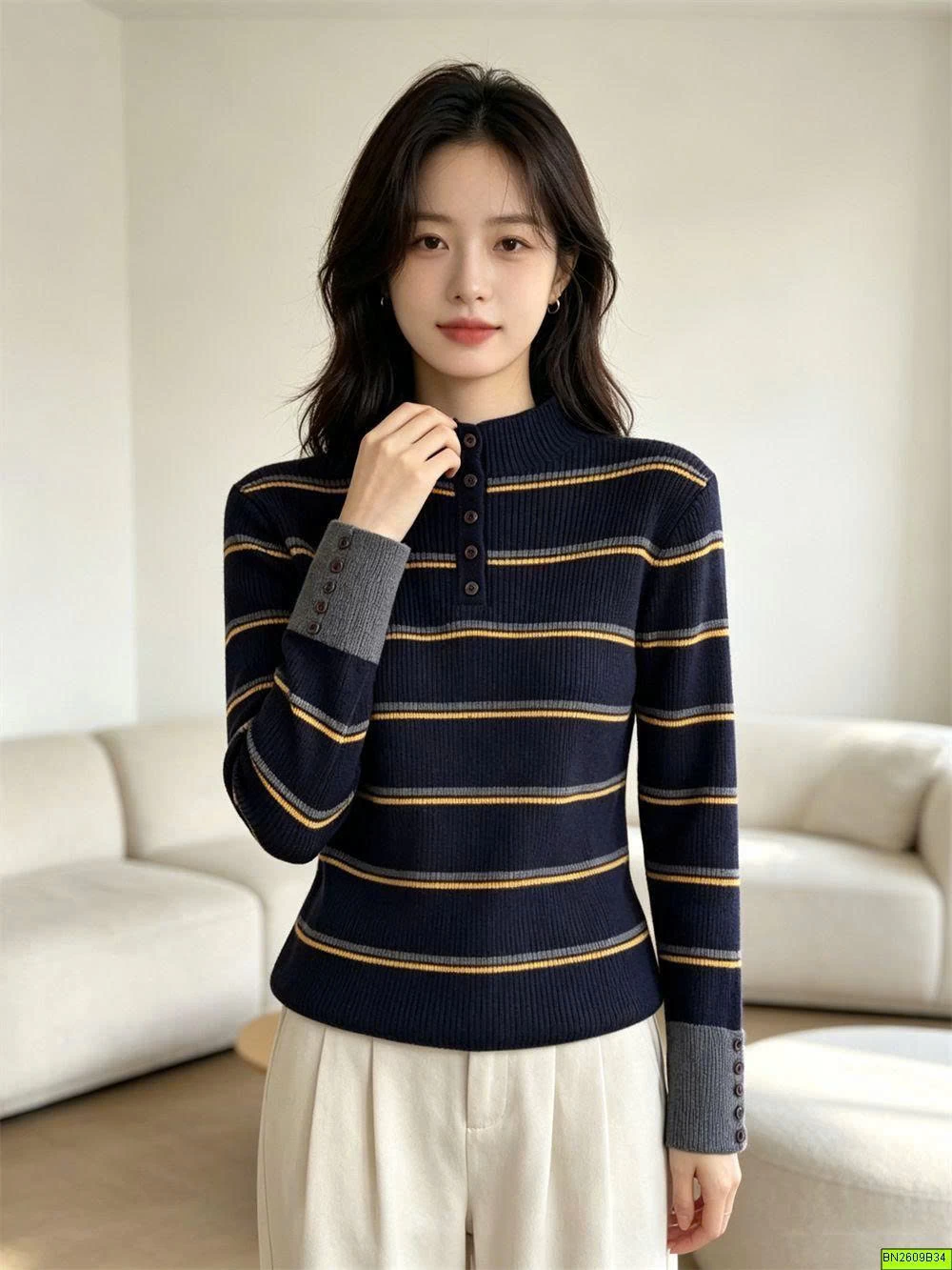 ÁO LEN KẺ NGANG DÀI TAY CÚC CỔ