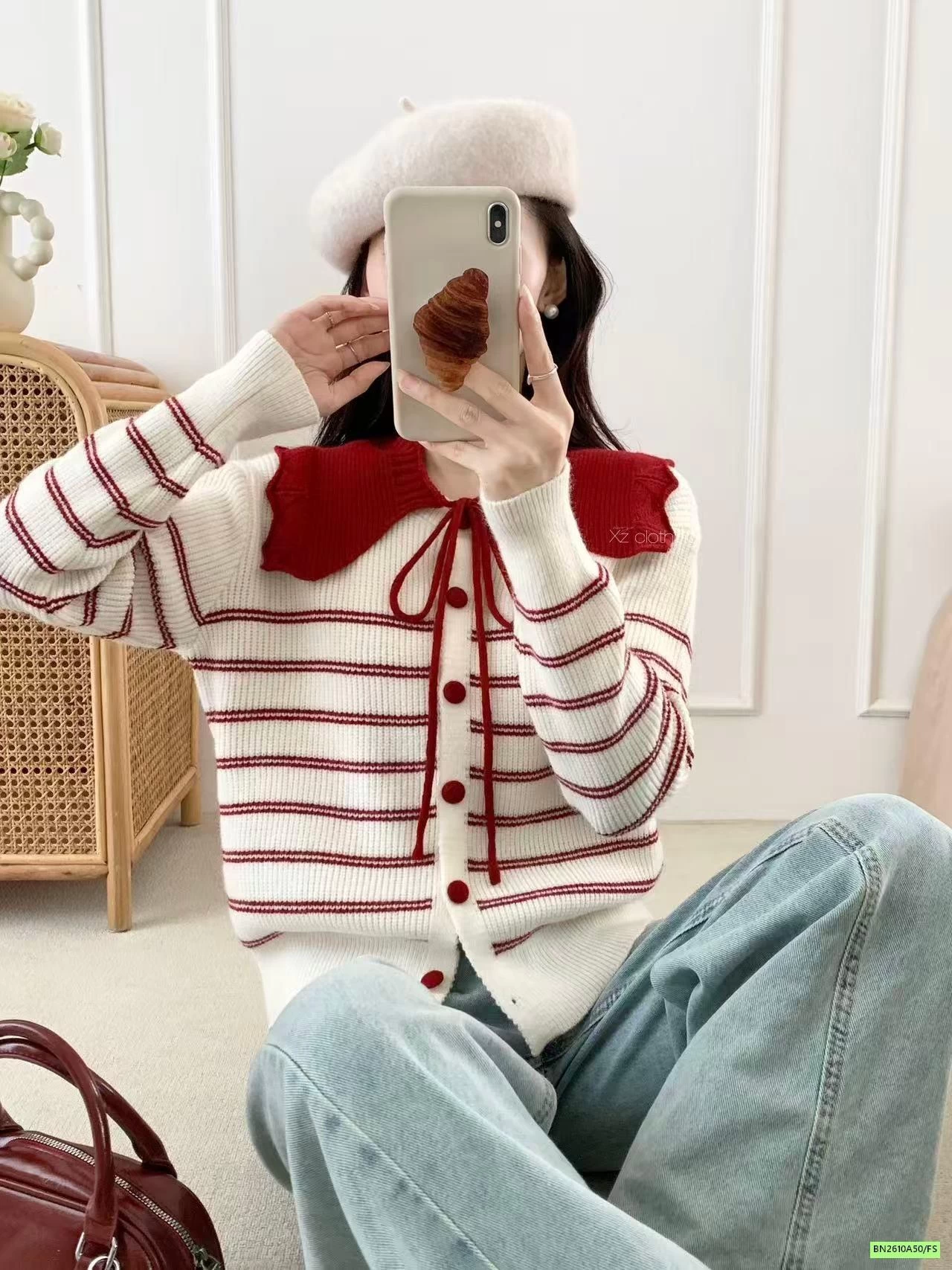 CARDIGAN LEN KẺ PHỐI MÀU CỔ