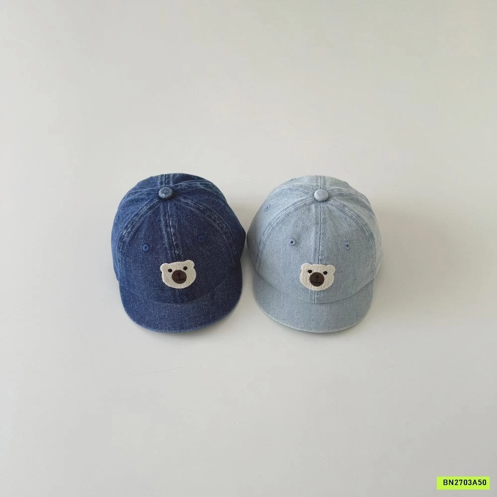 MŨ KẾT JEANS THÊU GẤU TRẮNG