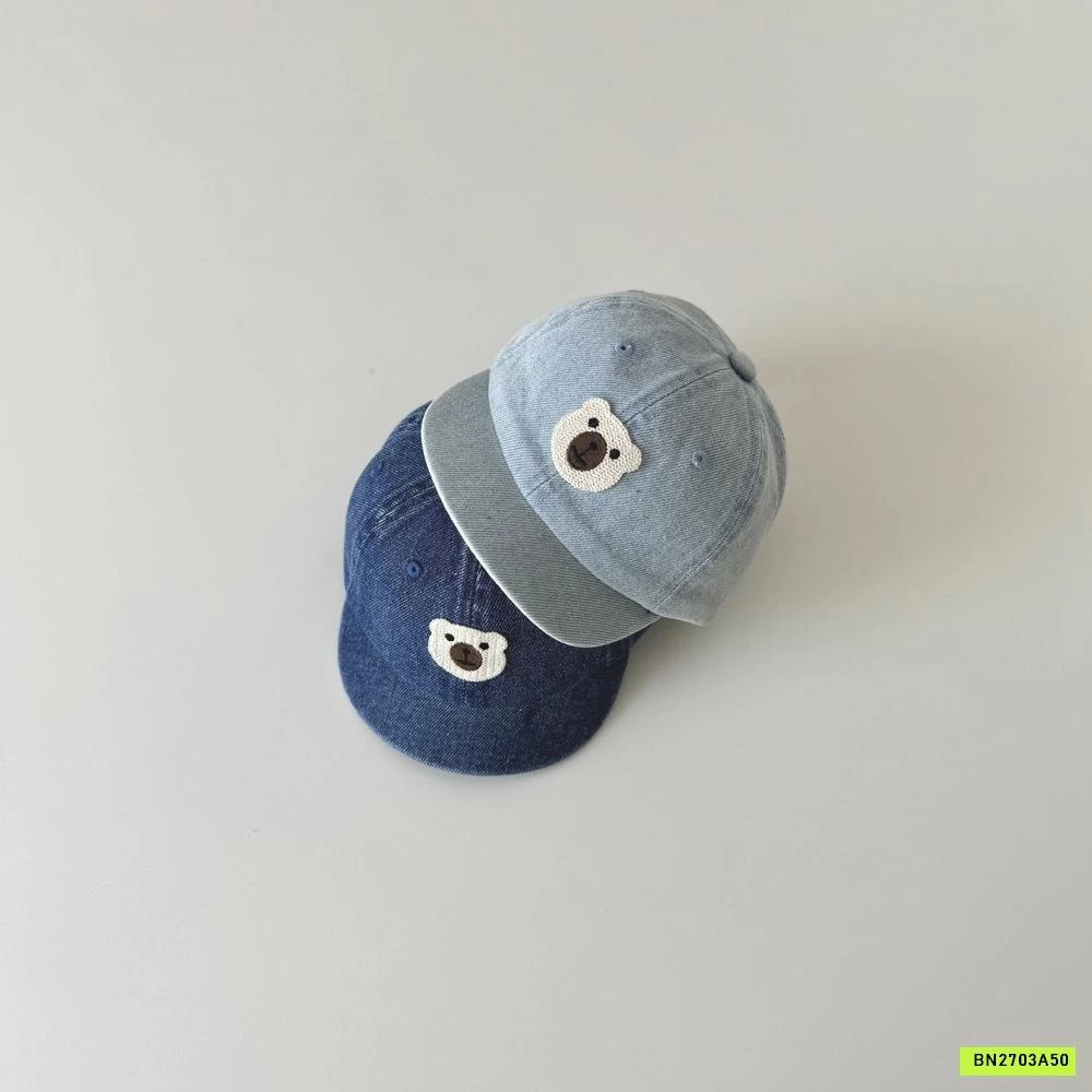 MŨ KẾT JEANS THÊU GẤU TRẮNG