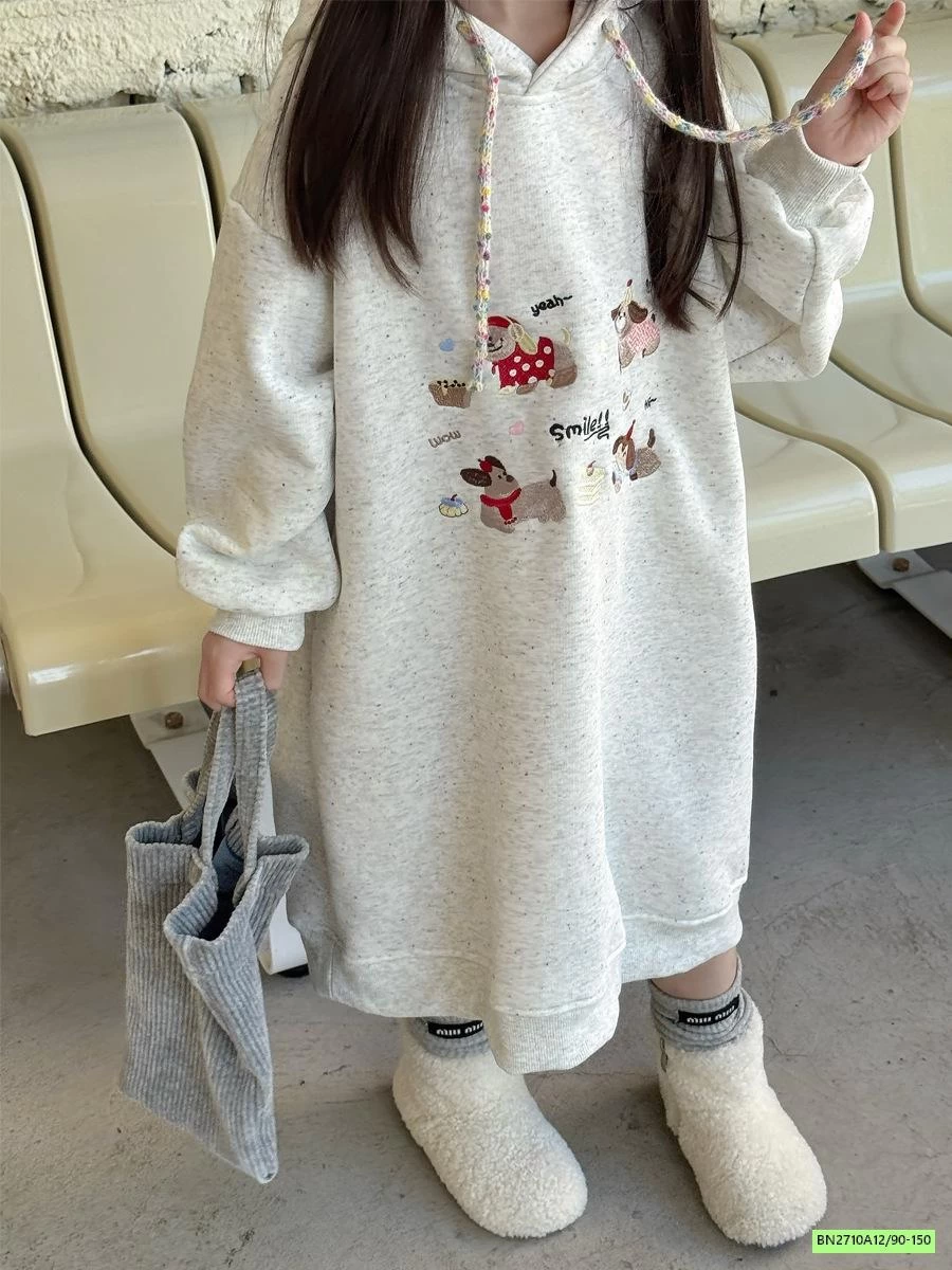 ĐẦM NỈ BÔNG SUÔNG LIỀN MŨ THÊU CÚN