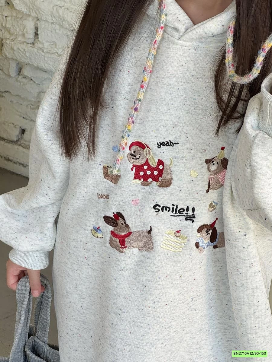 ĐẦM NỈ BÔNG SUÔNG LIỀN MŨ THÊU CÚN