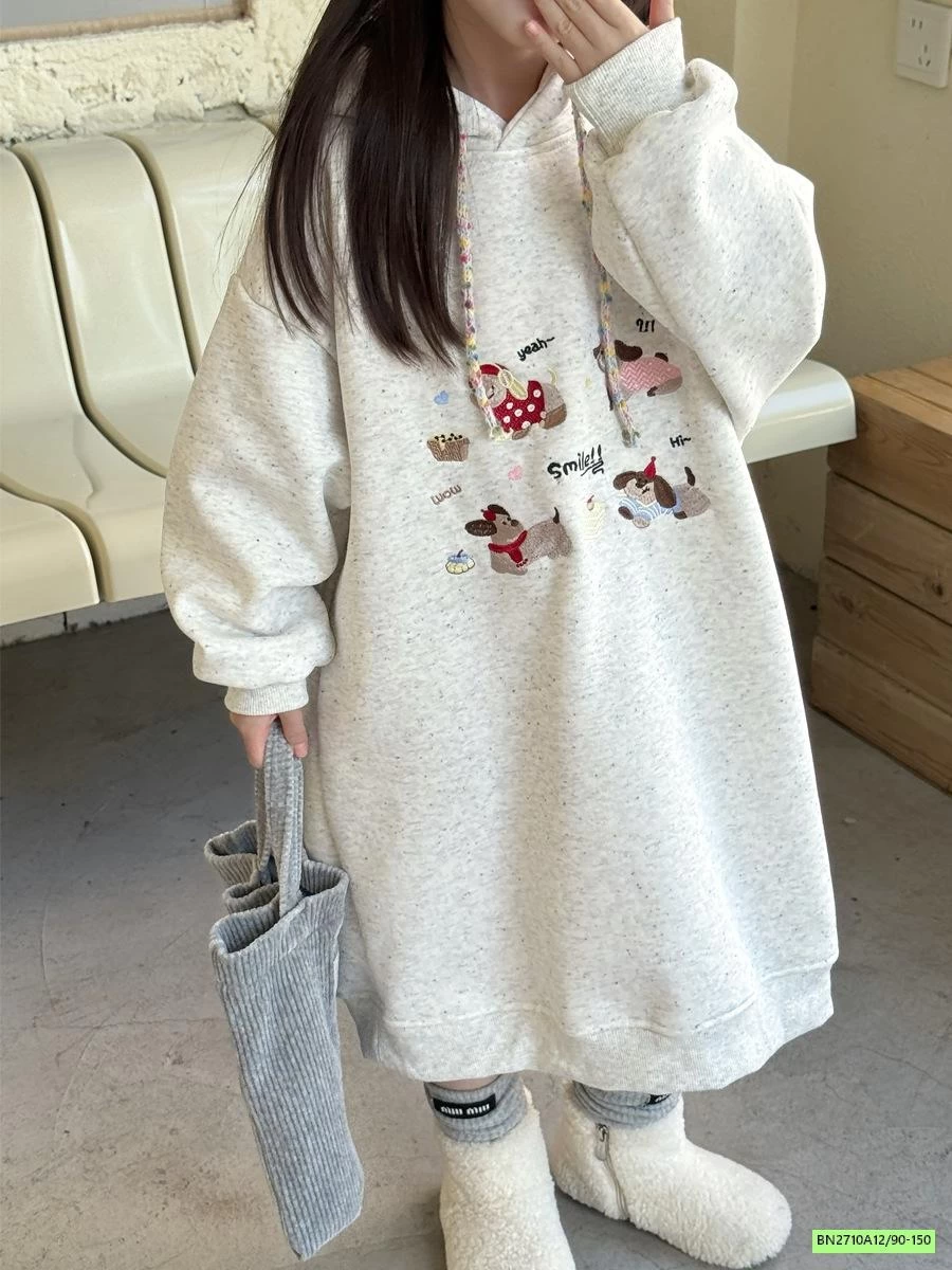 ĐẦM NỈ BÔNG SUÔNG LIỀN MŨ THÊU CÚN