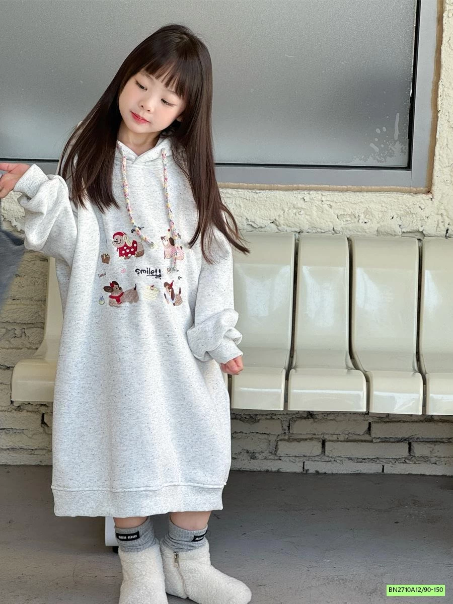 ĐẦM NỈ BÔNG SUÔNG LIỀN MŨ THÊU CÚN