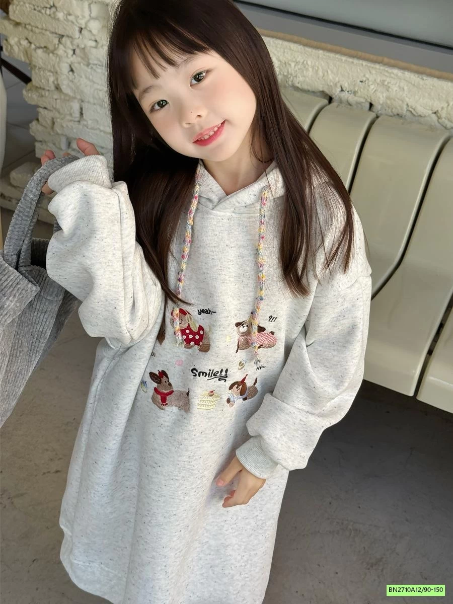 ĐẦM NỈ BÔNG SUÔNG LIỀN MŨ THÊU CÚN