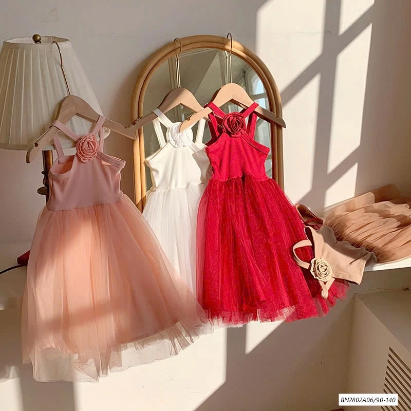 ĐẦM VOAN CỔ YẾM HOA HỒNG