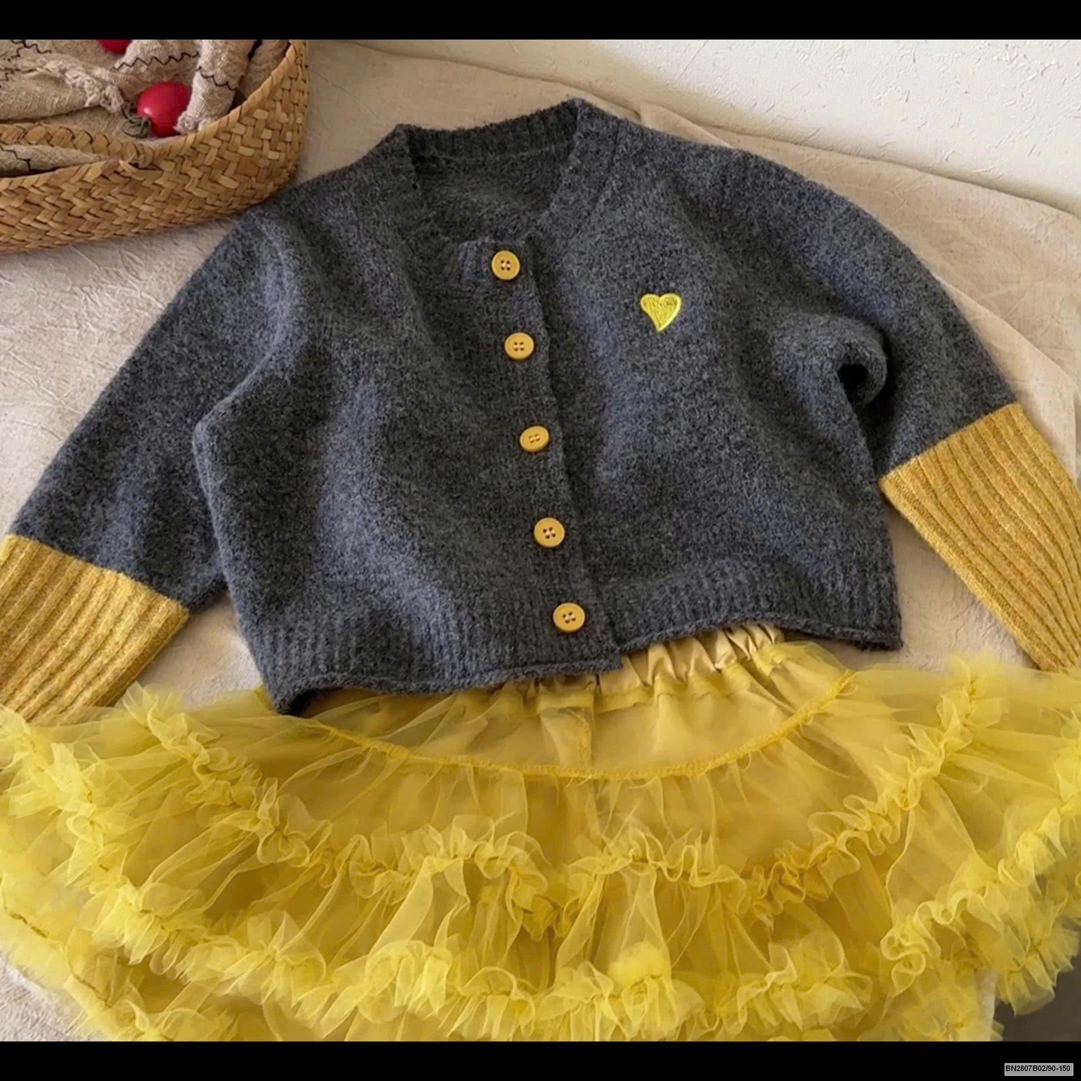 Set áo len tay phối màu mix chân váy ren