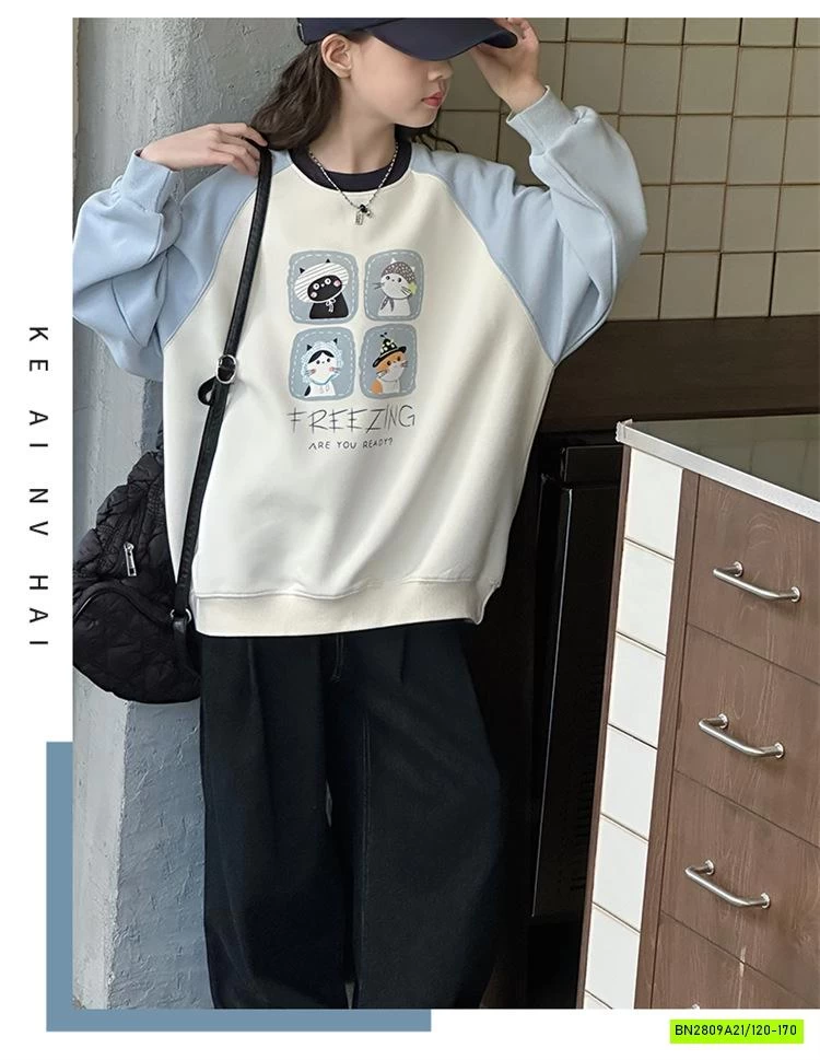 ÁO NỈ PHỐI MÀU TAY IN MÈO