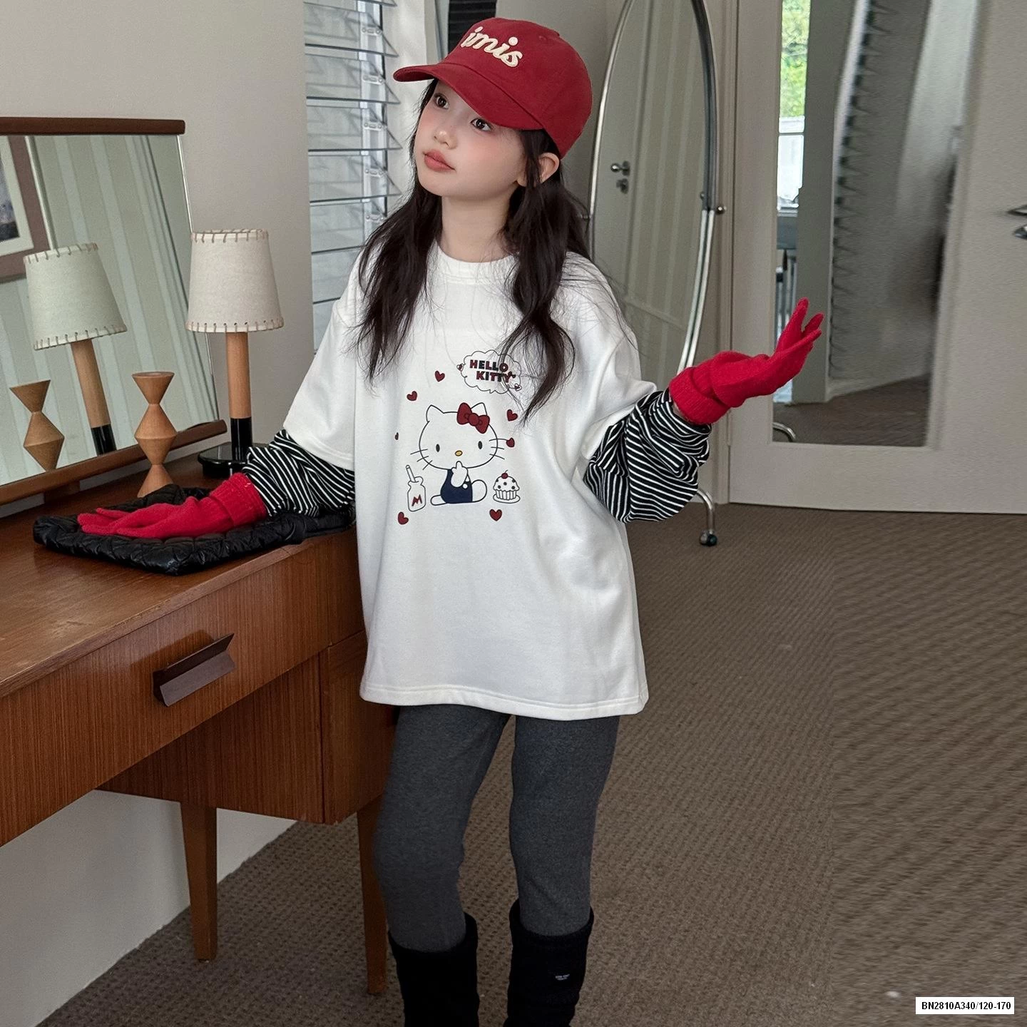 ÁO NỈ KITTY GIẢ 2 LỚP TAY KẺ