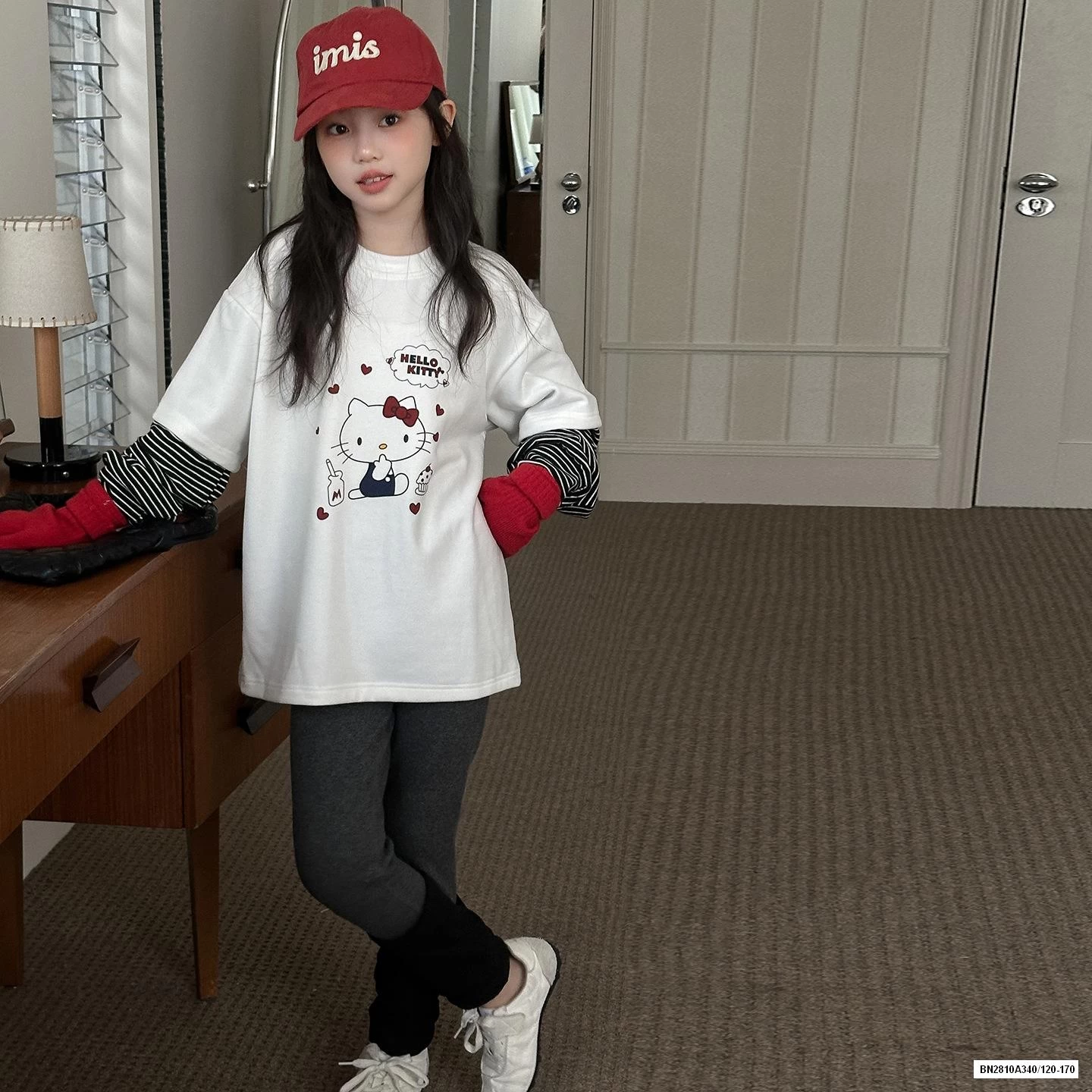 ÁO NỈ KITTY GIẢ 2 LỚP TAY KẺ