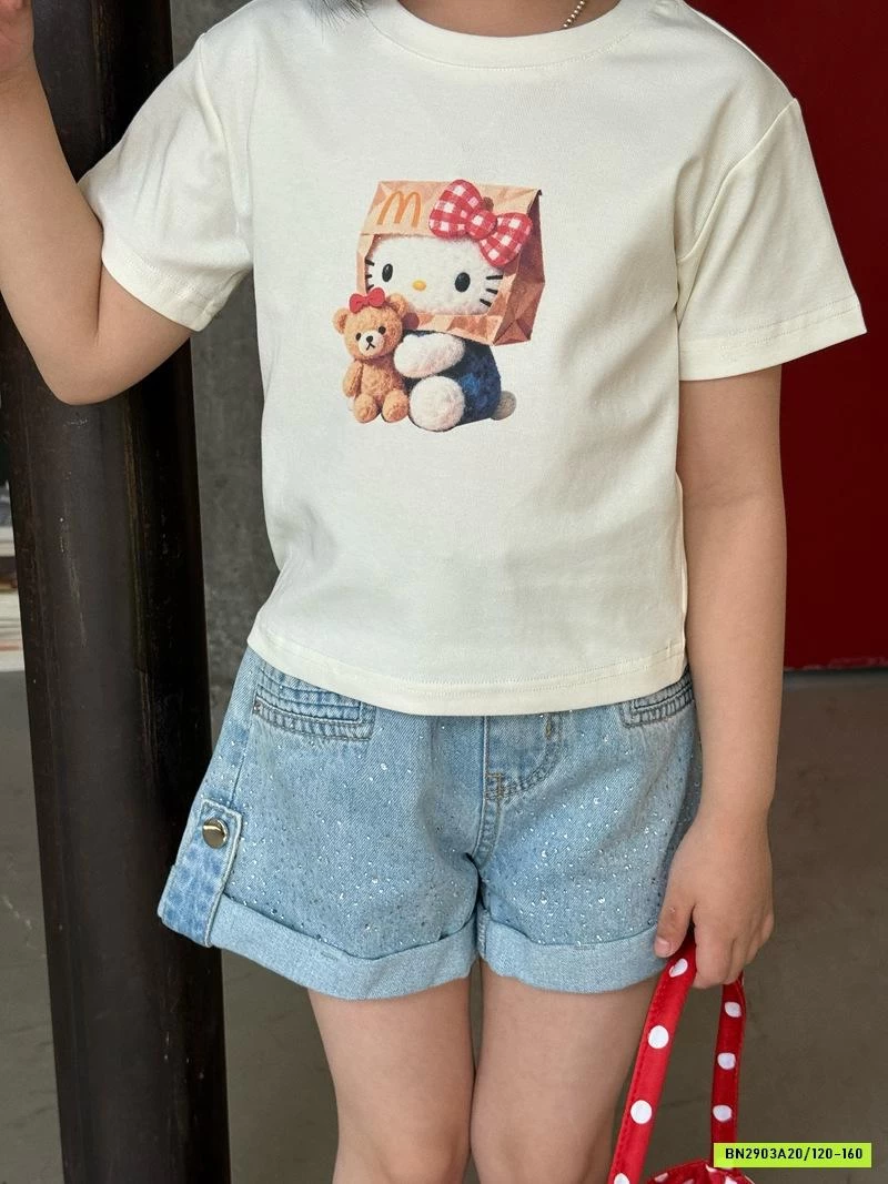 ÁO THUN KITTY MIX SHORT JEANS ĐÍNH ĐÁ