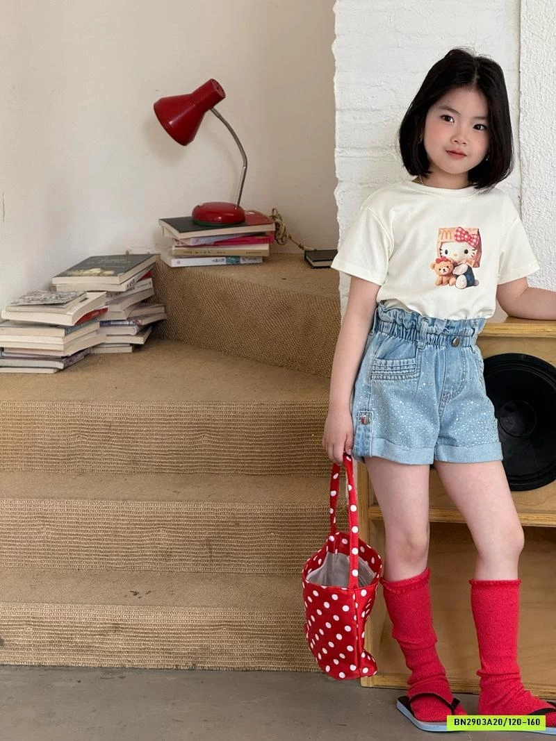 ÁO THUN KITTY MIX SHORT JEANS ĐÍNH ĐÁ