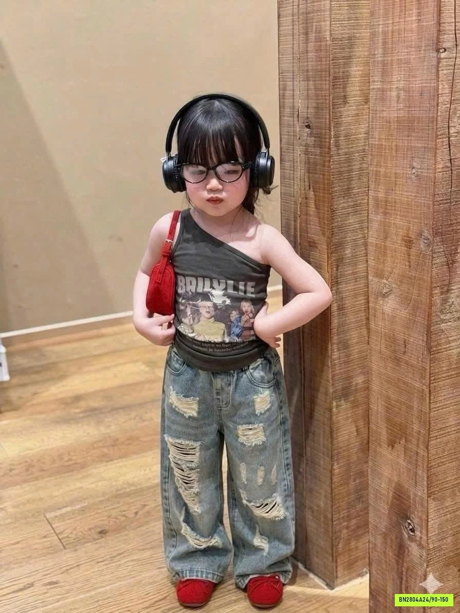 ÁO LỆCH VAI MIX JEANS SUÔNG RÁCH T&QKIDS