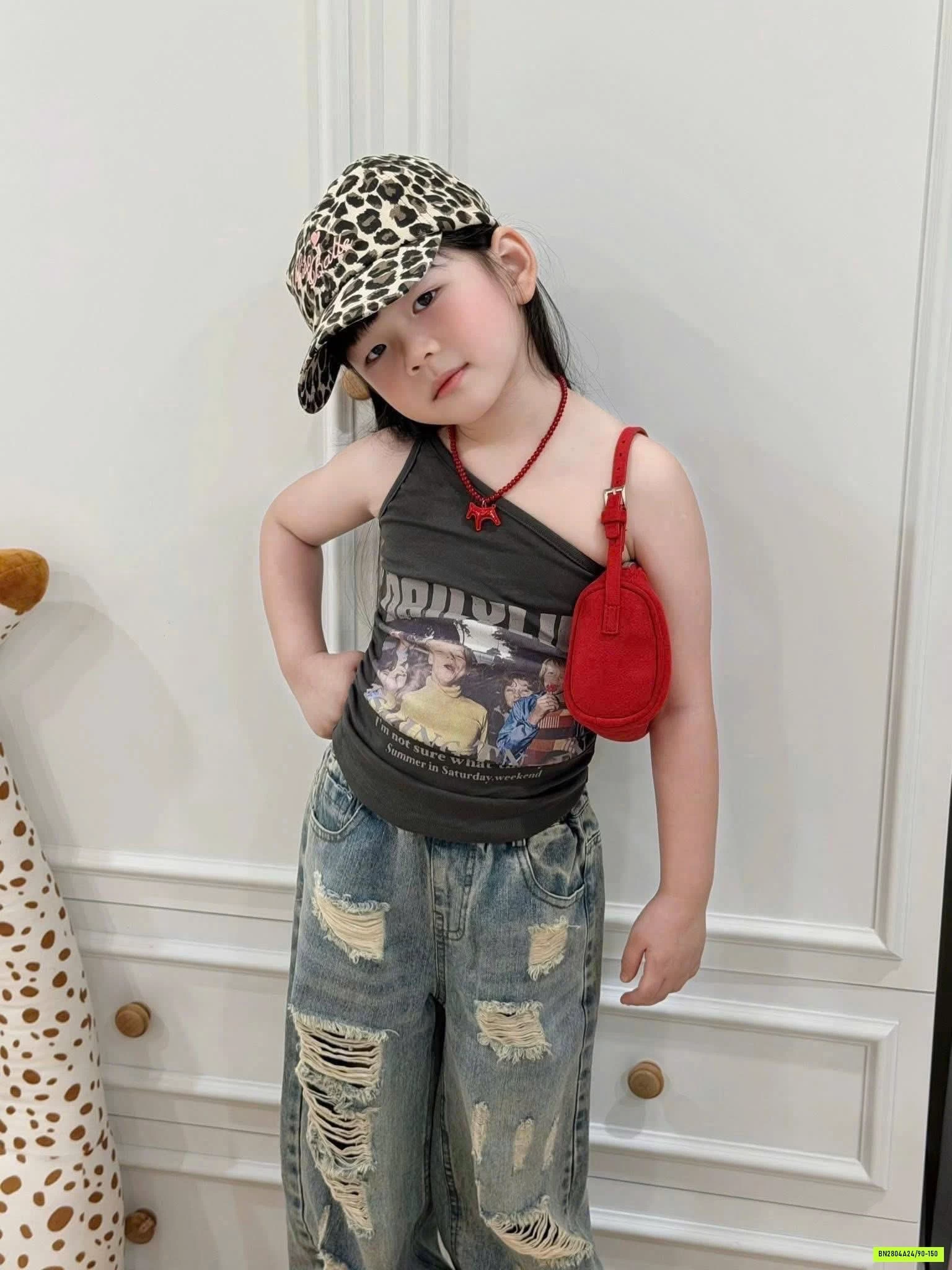 ÁO LỆCH VAI MIX JEANS SUÔNG RÁCH T&QKIDS