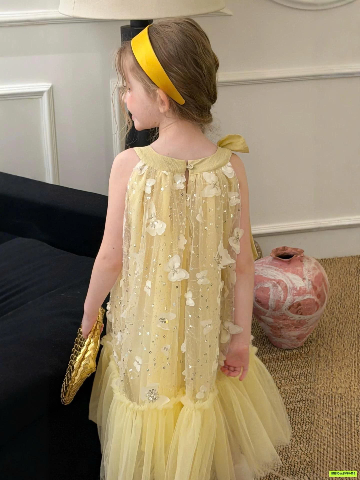 VÁY HOA 3D CỔ YÊM TONE VÀNG