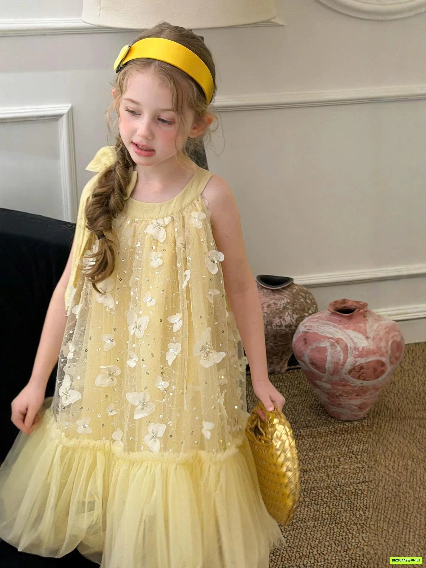 VÁY HOA 3D CỔ YÊM TONE VÀNG