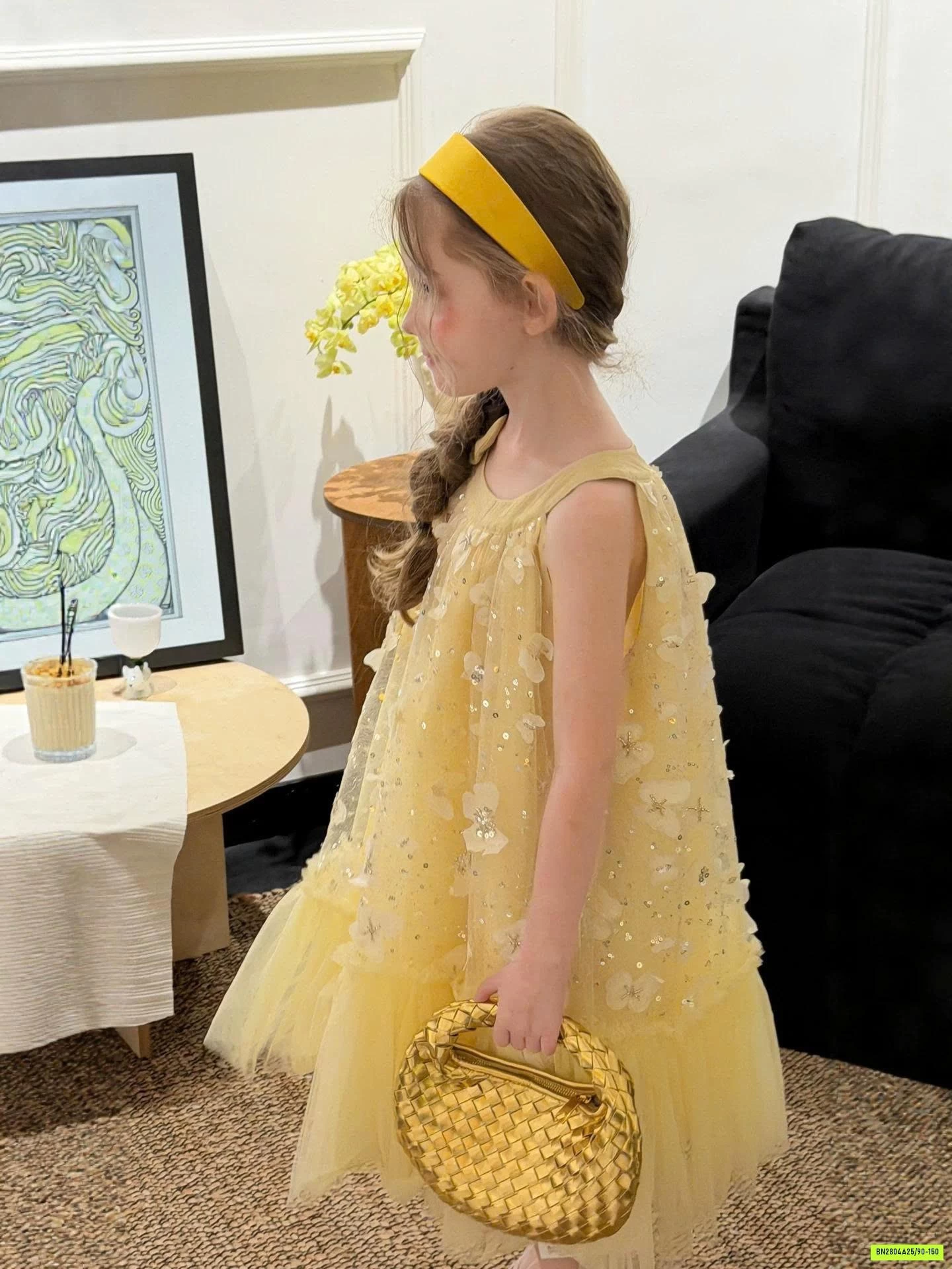 VÁY HOA 3D CỔ YÊM TONE VÀNG