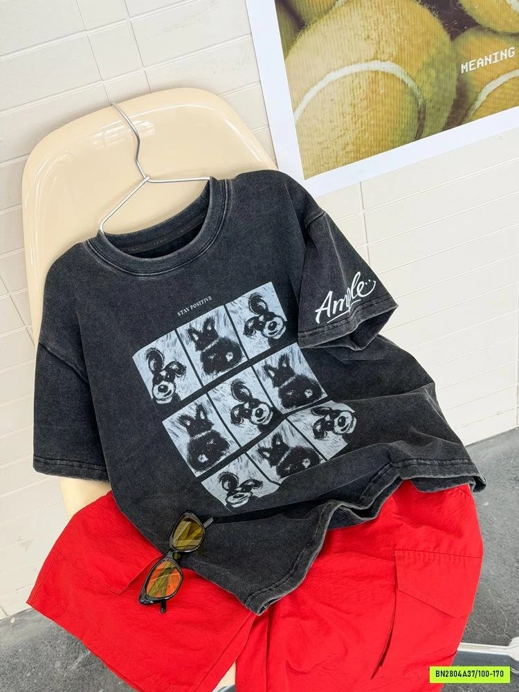 ÁO THUN ĐEN BẠC MÀU IN CÚN CON 26B158 AMBB