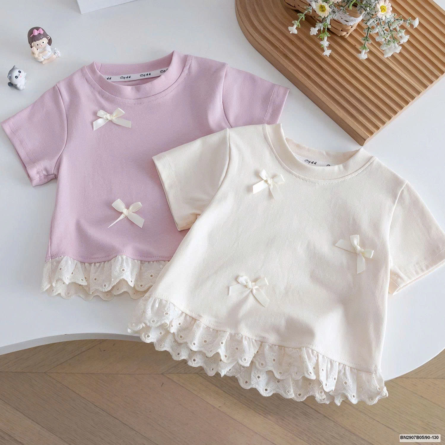 ÁO THUN BÉ GÁI NƠ XINH PHỐI REN