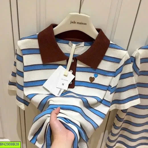 ÁO LEN LOGO TIM DỆT KIM KẺ NGẮN TAY JADEMAISON