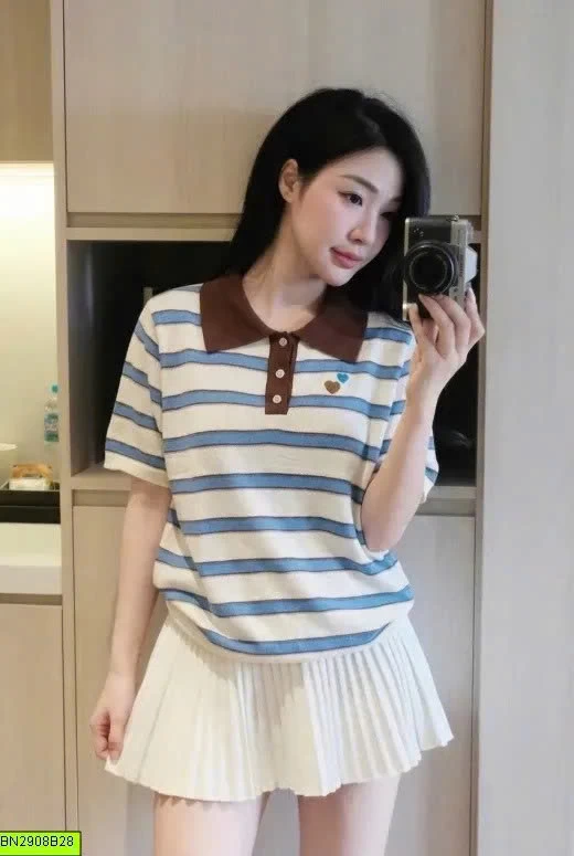 ÁO LEN LOGO TIM DỆT KIM KẺ NGẮN TAY JADEMAISON