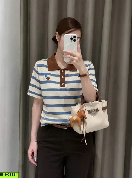 ÁO LEN LOGO TIM DỆT KIM KẺ NGẮN TAY JADEMAISON