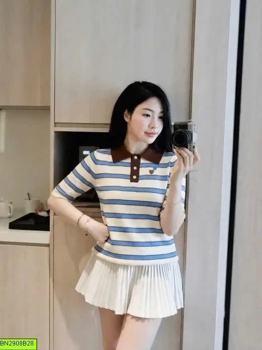 ÁO LEN LOGO TIM DỆT KIM KẺ NGẮN TAY JADEMAISON