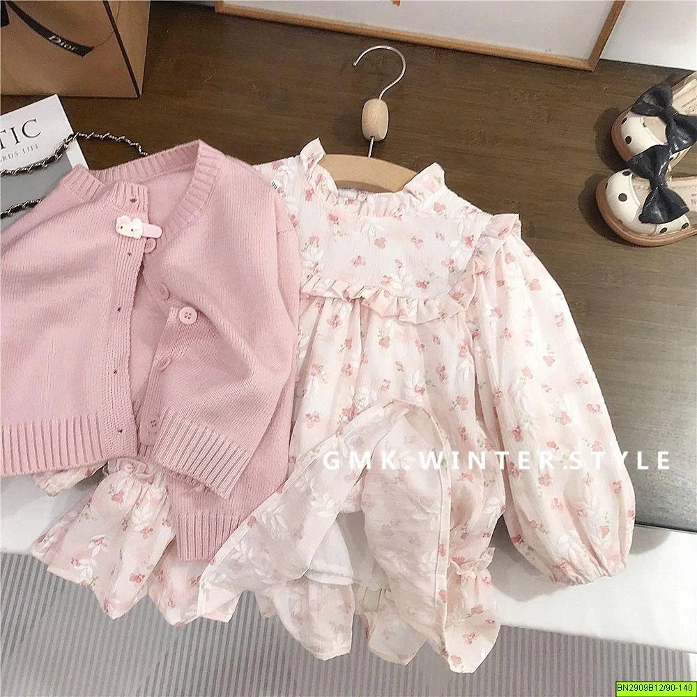 SET ĐẦM HOA MIX KHOÁC LEN HỒNG