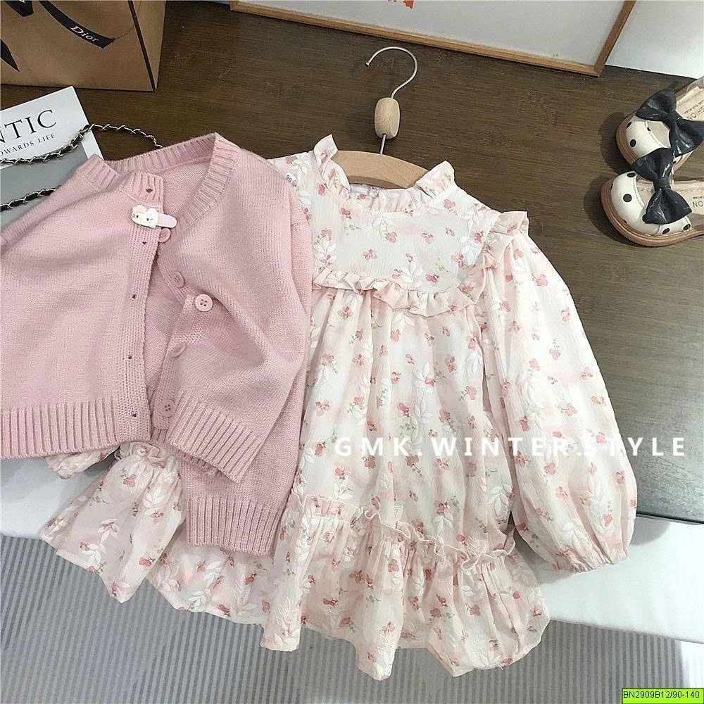SET ĐẦM HOA MIX KHOÁC LEN HỒNG