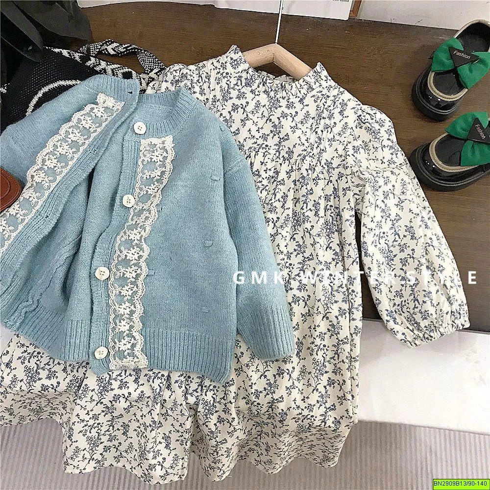 SET ĐẦM HOA MIX KHOÁC LEN XANH