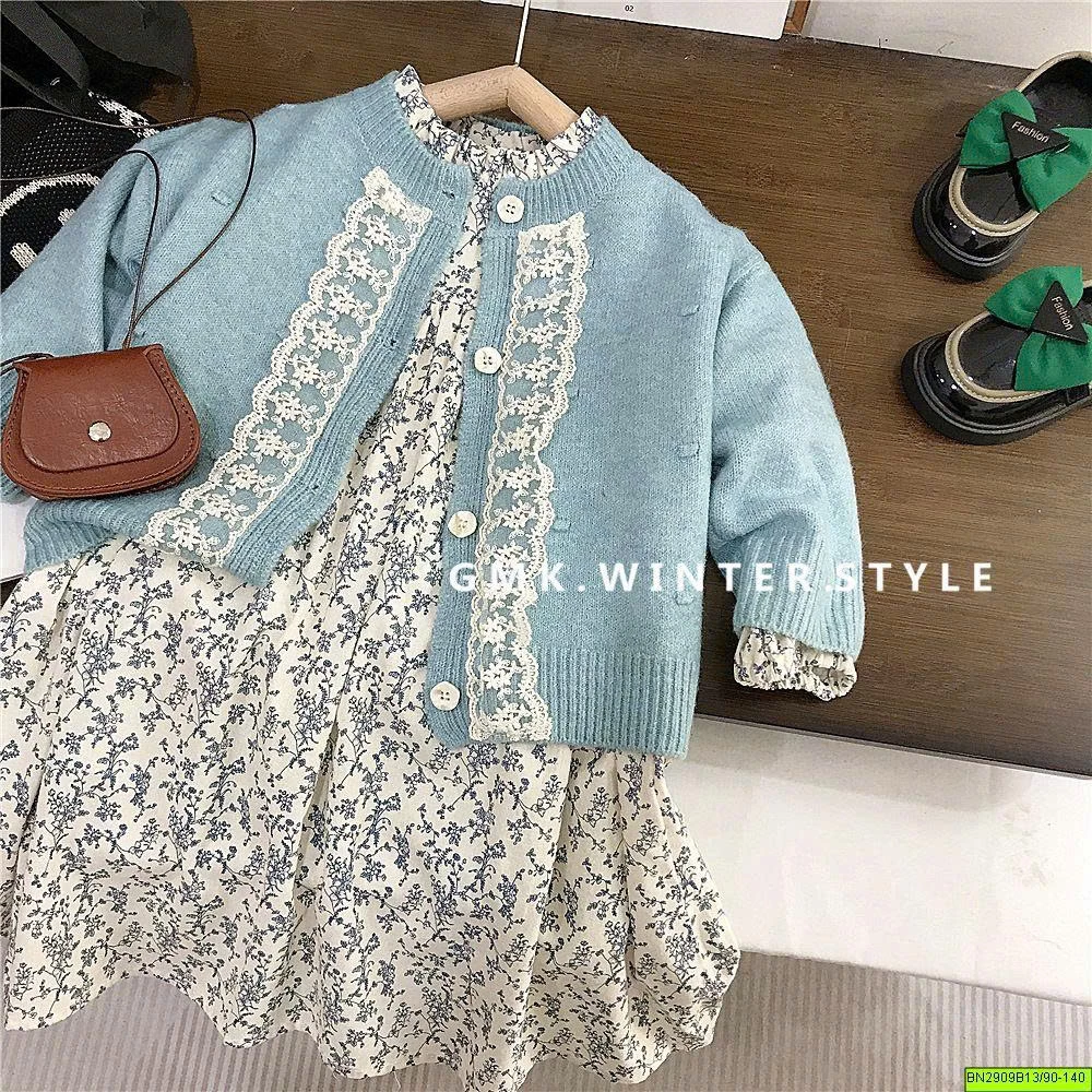 SET ĐẦM HOA MIX KHOÁC LEN XANH