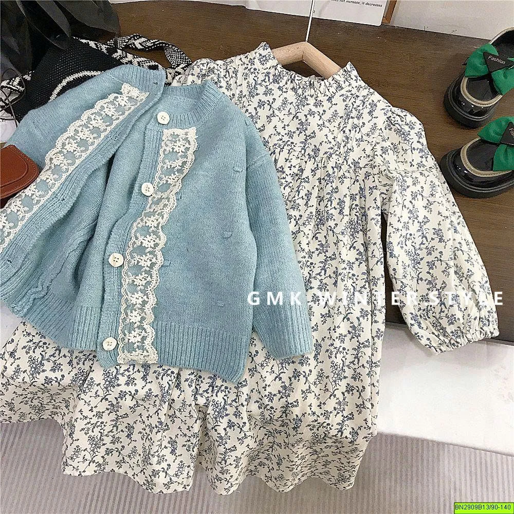 SET ĐẦM HOA MIX KHOÁC LEN XANH