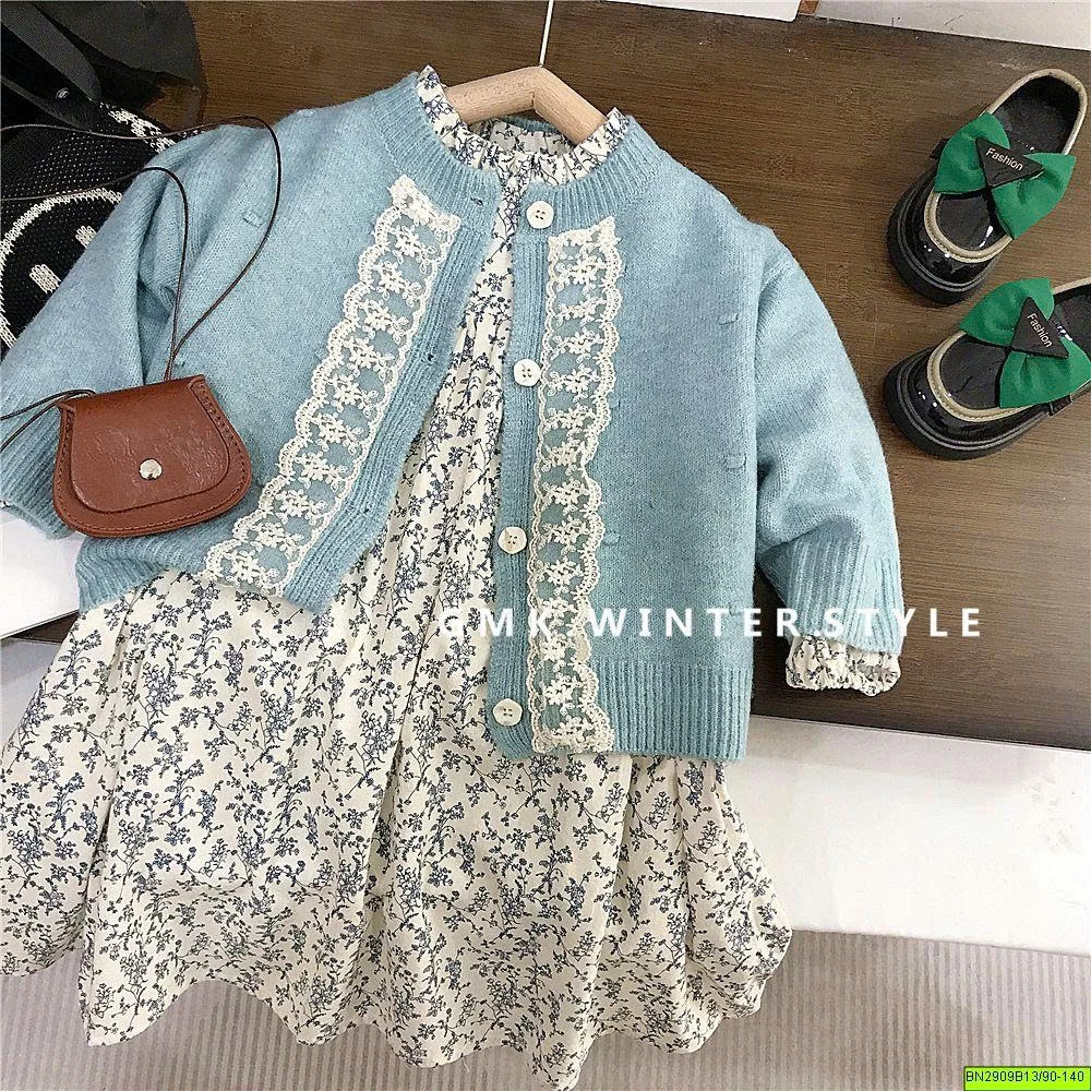 SET ĐẦM HOA MIX KHOÁC LEN XANH