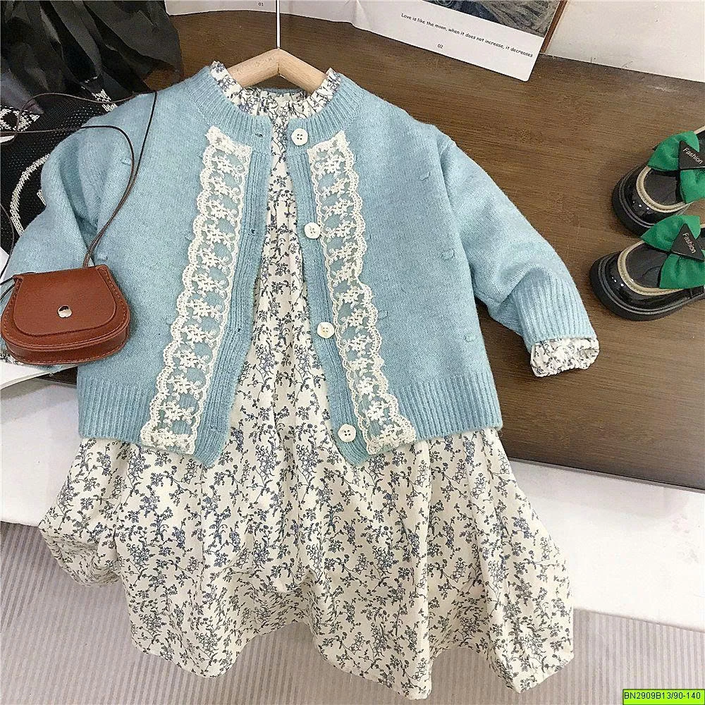 SET ĐẦM HOA MIX KHOÁC LEN XANH