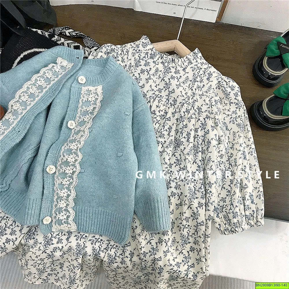 SET ĐẦM HOA MIX KHOÁC LEN XANH