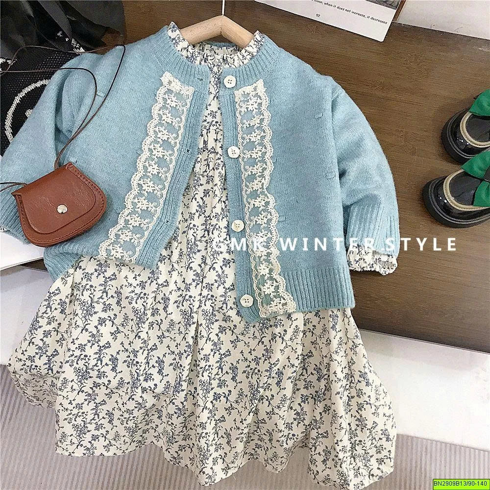SET ĐẦM HOA MIX KHOÁC LEN XANH