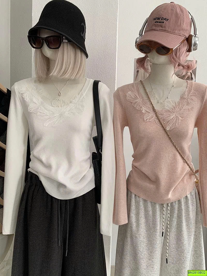 ÁO DỆT KIM CỔ PHỐI REN
