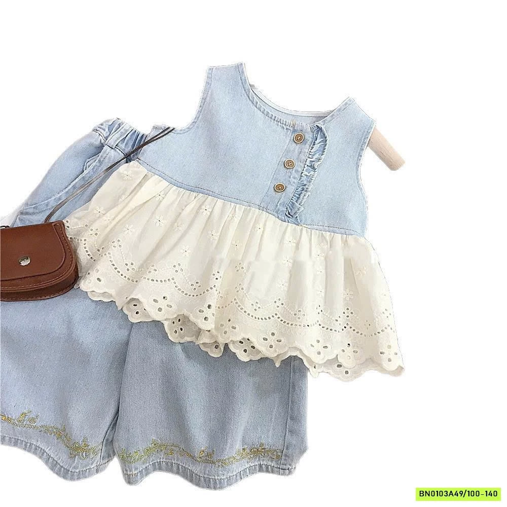 SÉT DENIM ỐNG RỘNG PHỐI REN