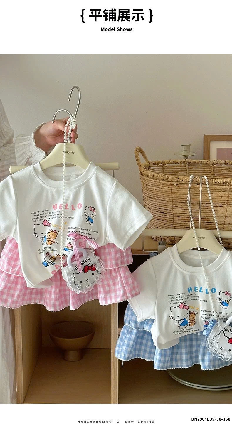 SET ÁO PHÔNG HELLO MIX CHÂN VÁY CARO BÉ GÁI