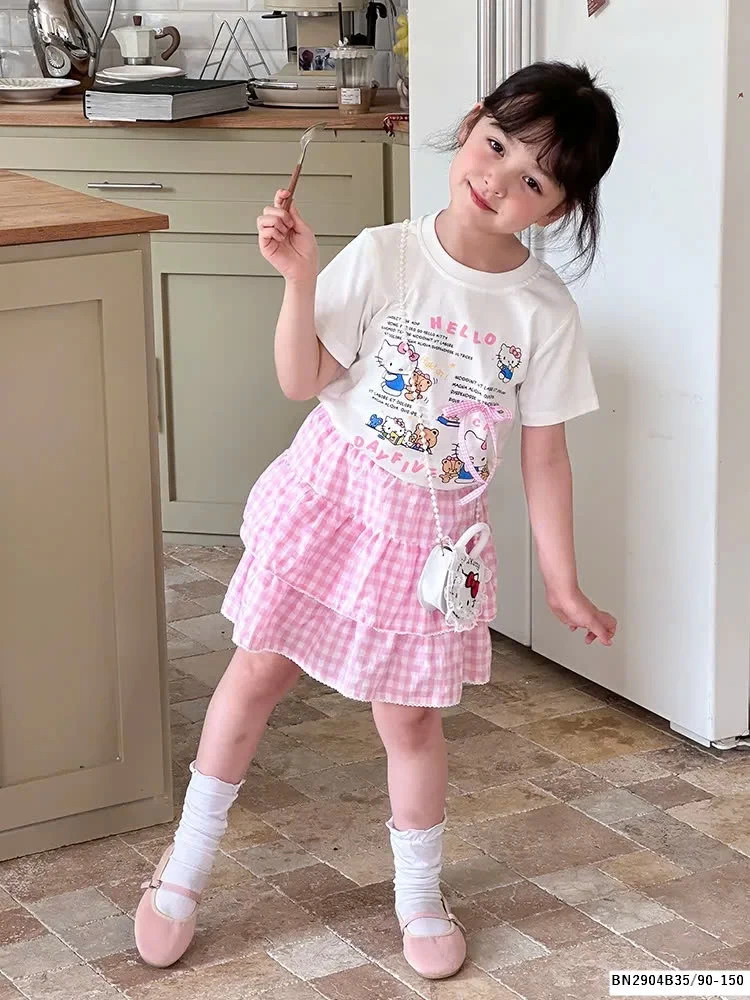 SET ÁO PHÔNG HELLO MIX CHÂN VÁY CARO BÉ GÁI