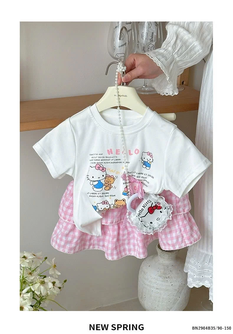 SET ÁO PHÔNG HELLO MIX CHÂN VÁY CARO BÉ GÁI